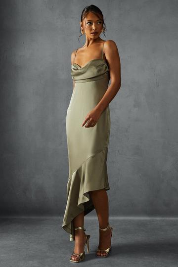 Premium Satin Draped Bust Frill Hem Midi Dress olive