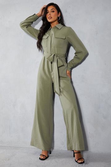 Textured Belted Wide Leg Jumpsuit khaki