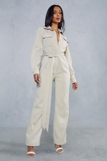 Stone Beige Textured Belted Wide Leg Jumpsuit