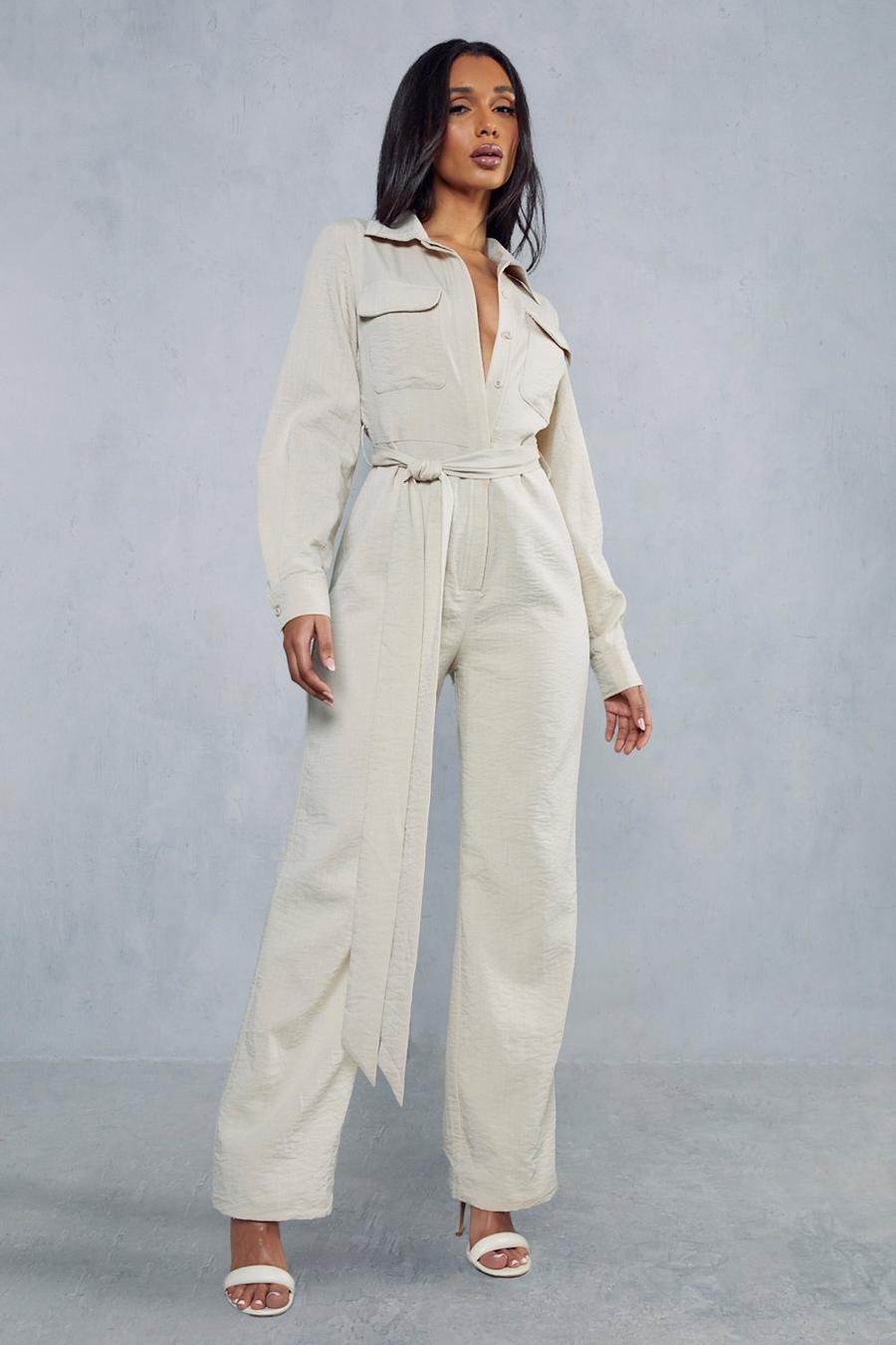 Stone Textured Belted Wide Leg Jumpsuit image number 1