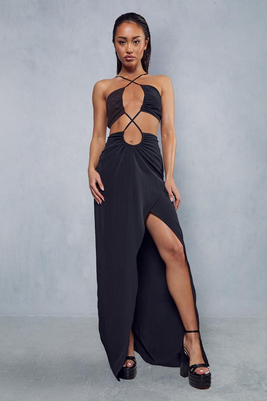 Black Textured Linen Strappy Maxi Dress image number 1