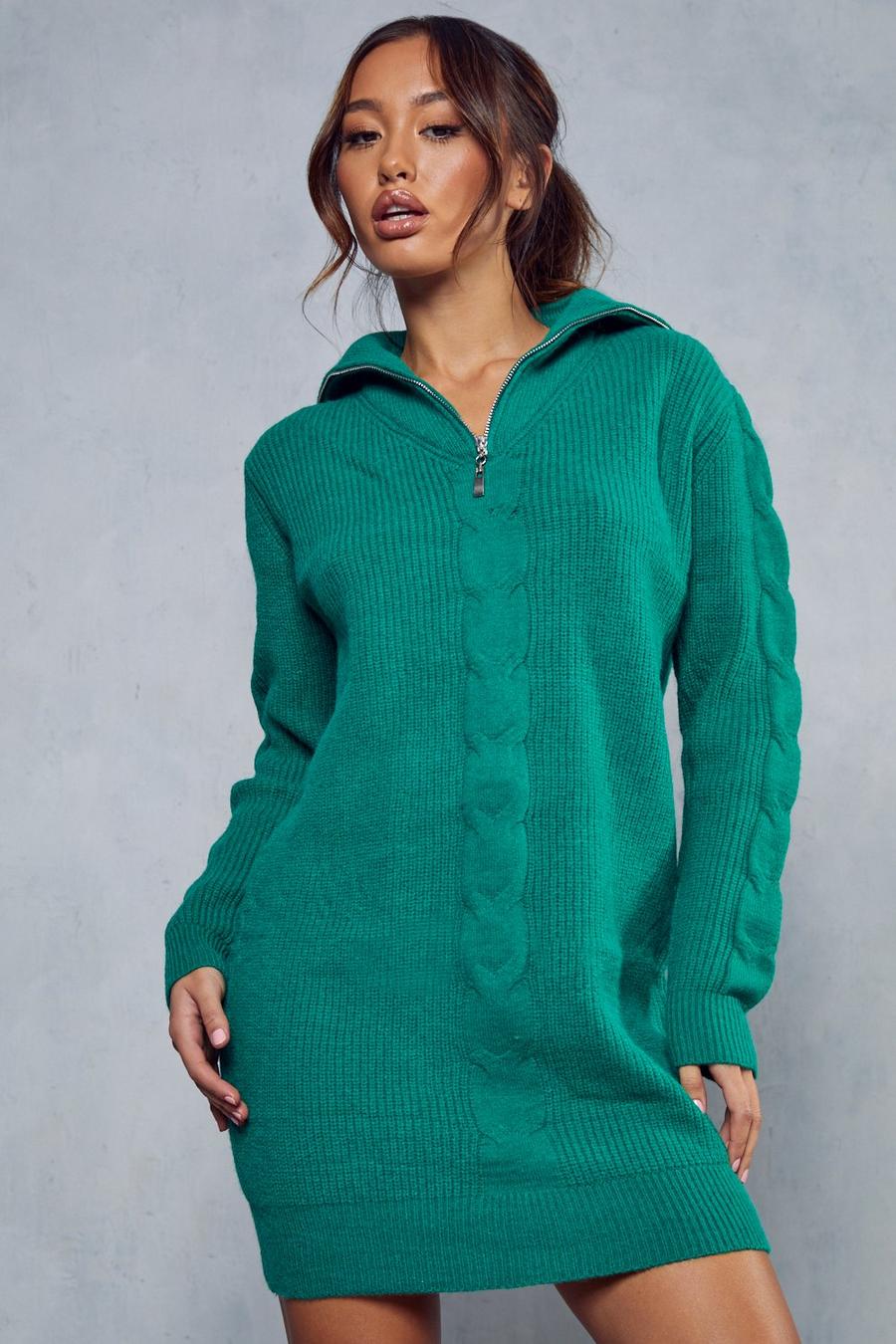 Green Cable Knit Detail Zip Up Jumper Dress image number 1