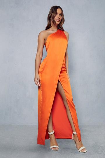 Orange Satin One Shoulder Split Leg Maxi Dress