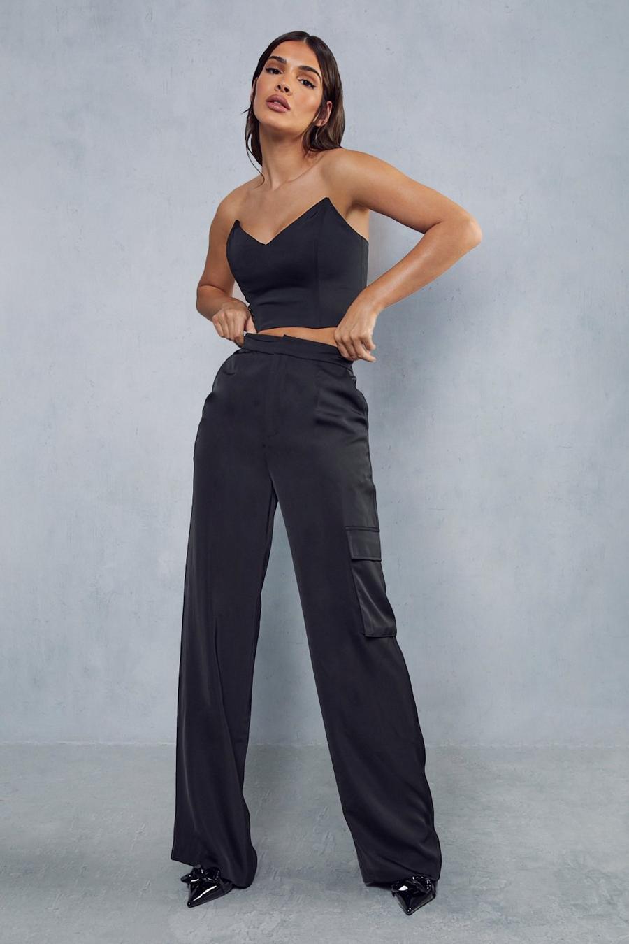 Black Satin Corset & Cargo Pant Co-ord image number 1