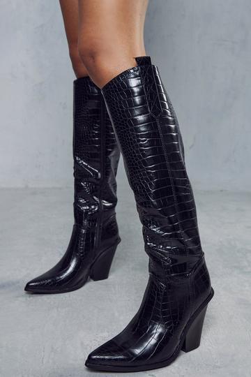 Premium Croc Knee High Cowboy Boots black