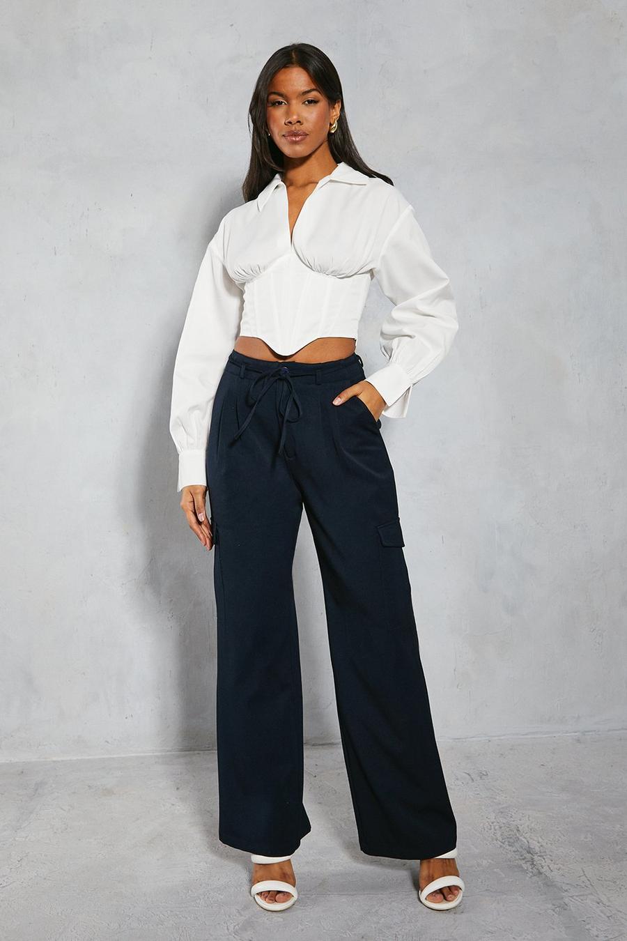 Navy Tie Waist Pocket Relaxed Cargo Trousers