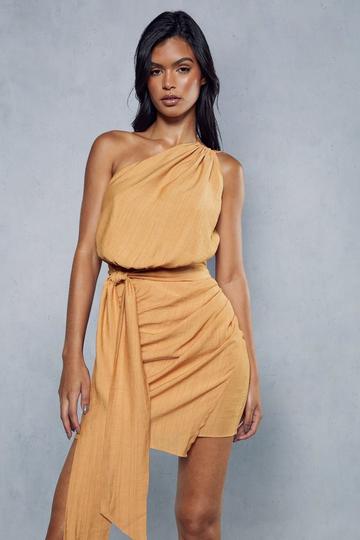 Textured Linen Look Drape Detail Mini Dress mocha