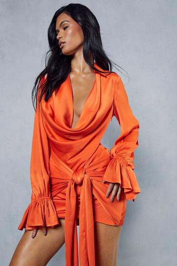 Orange Satin Draped Plunge Collared Mini Dress