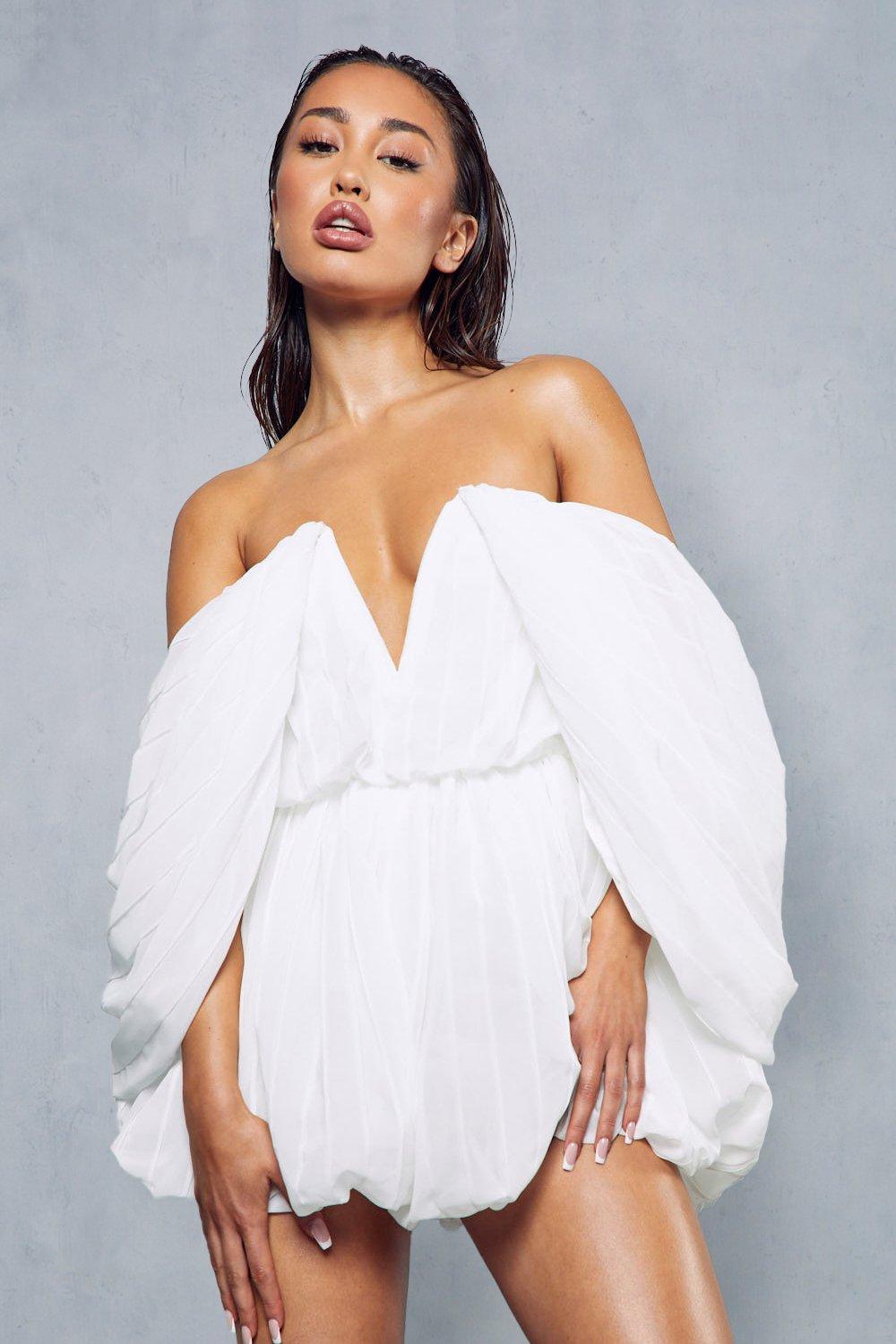 White cheap pleated playsuit