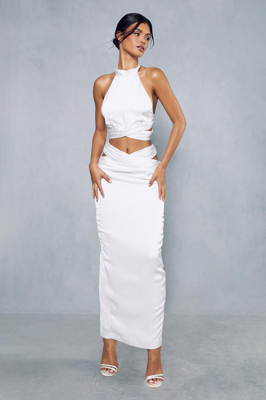 White Premium Satin Pleated Cross Front Detail Maxi Skirt