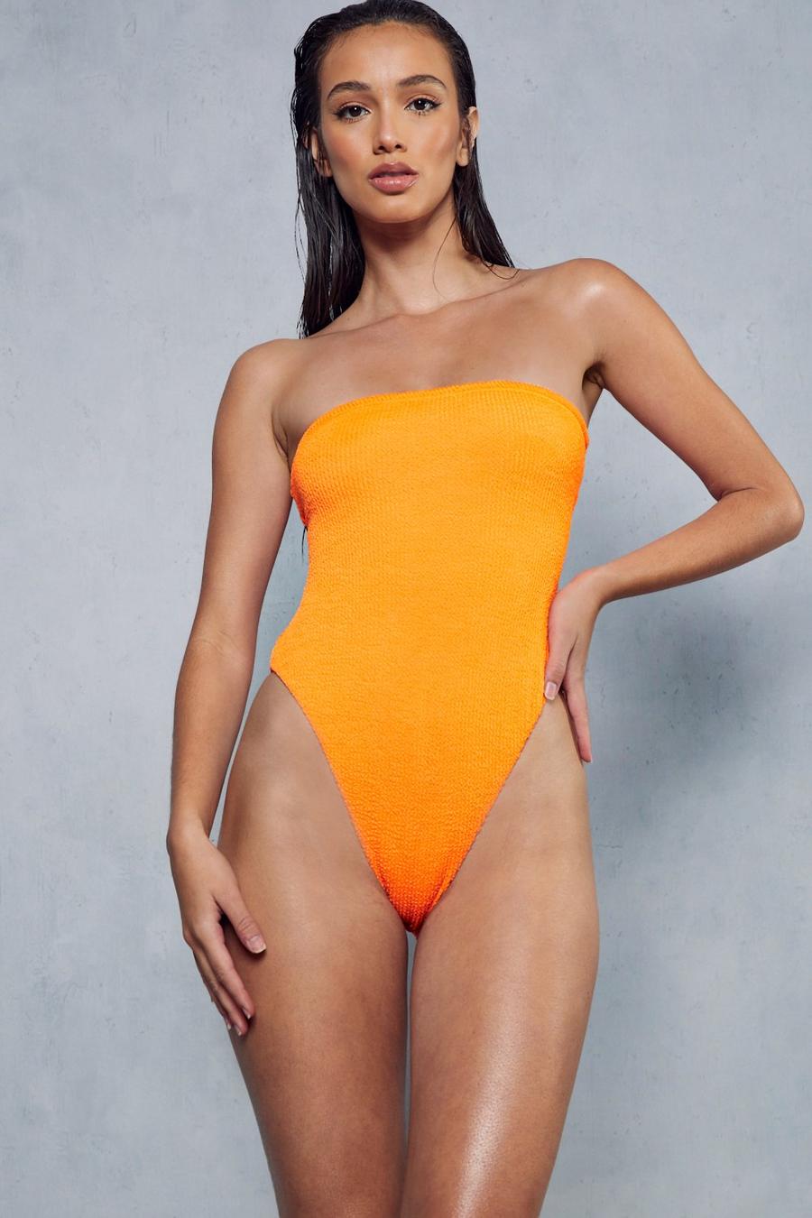 Orange High Leg Crinkle Bandeau Swimsuit image number 1