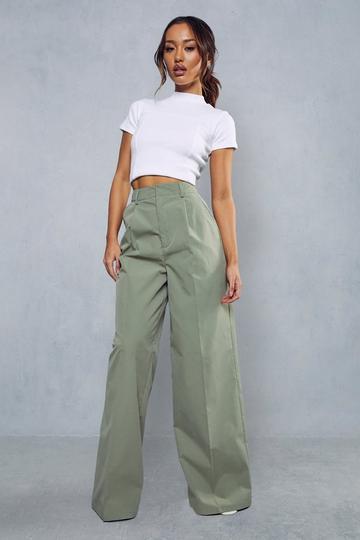 Khaki Pleat Front Straight Leg Trousers