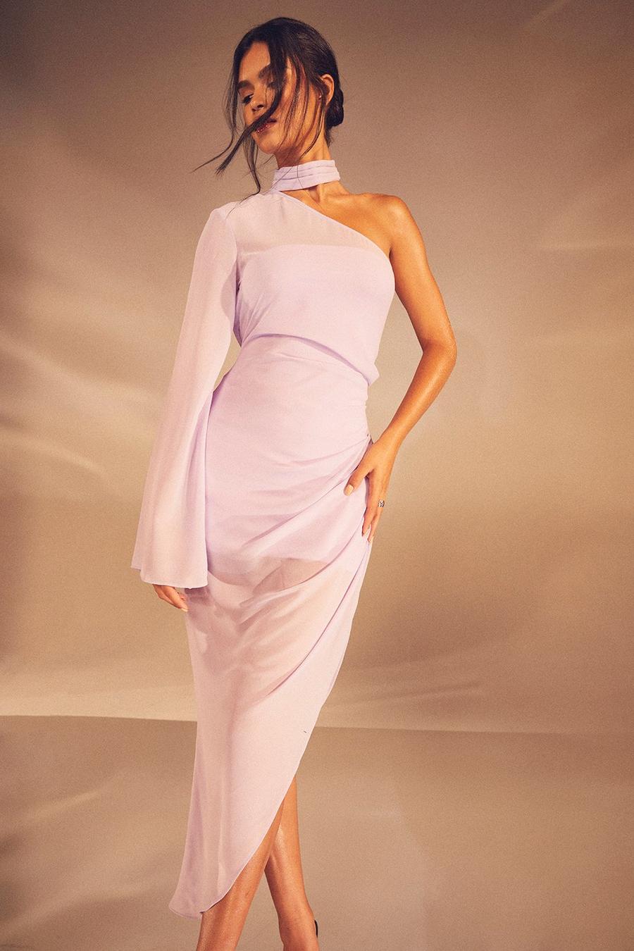 Lilac Sheer Overlay Ruched Choker Neck Asymmetric Midi Dress