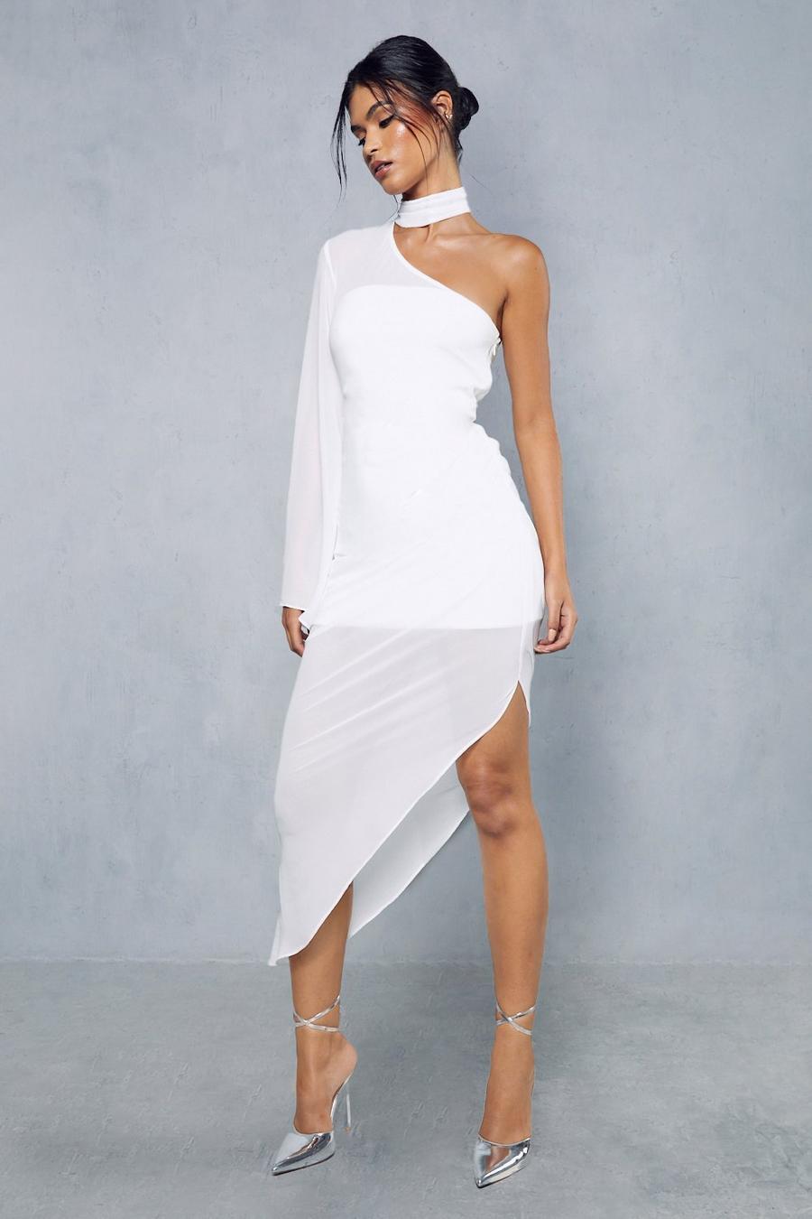 White Sheer Overlay Ruched Choker Neck Asymmetric Midi Dress image number 1