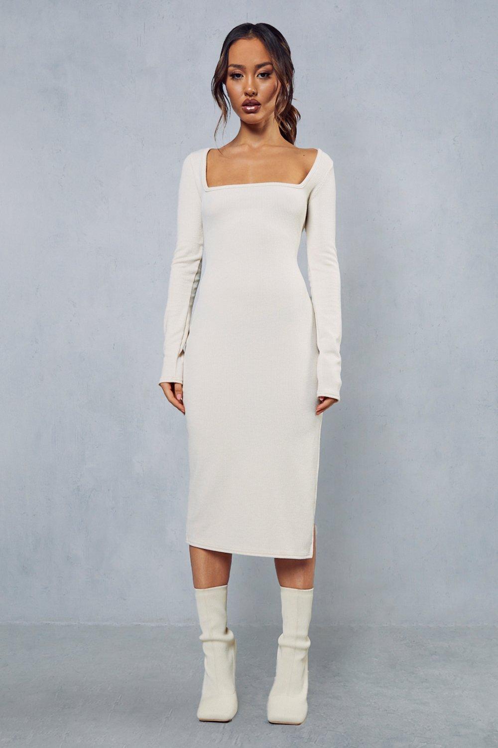 Cream Rib Square Neck Long Sleeve Bodycon Dress