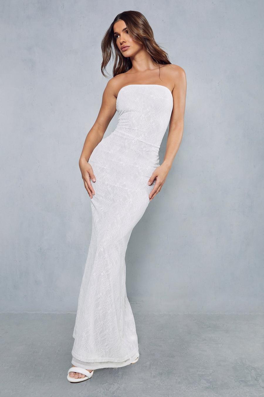 White Lace Overlay Mesh Fitted Flare Hem Bandeau Maxi Dress image number 1