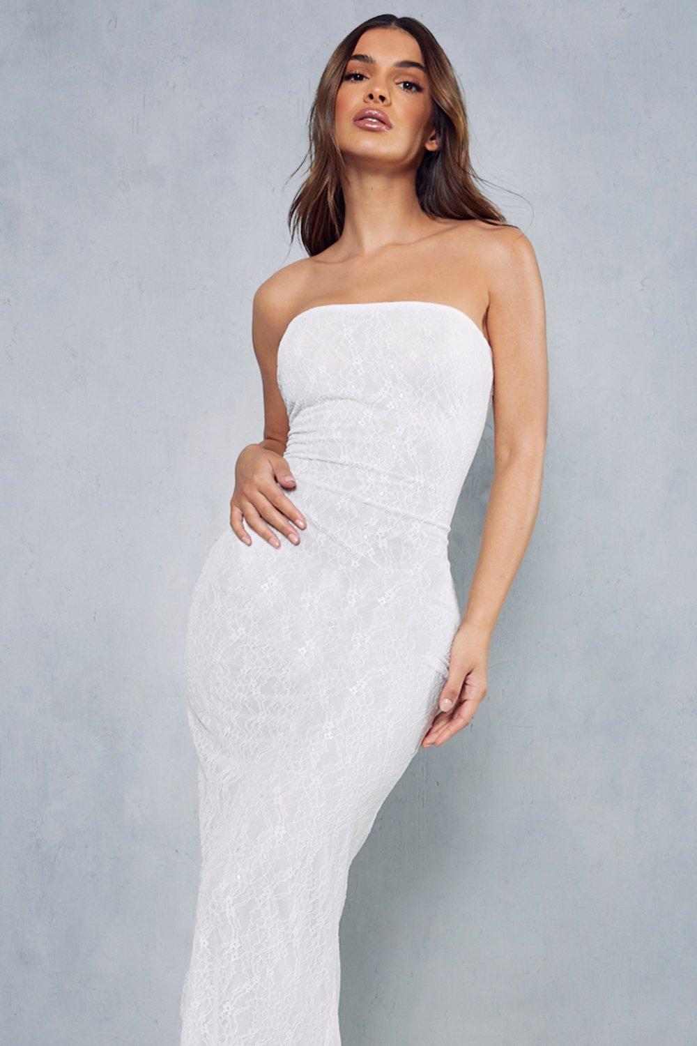 Lace Overlay Mesh Fitted Flare Hem Bandeau Maxi Dress