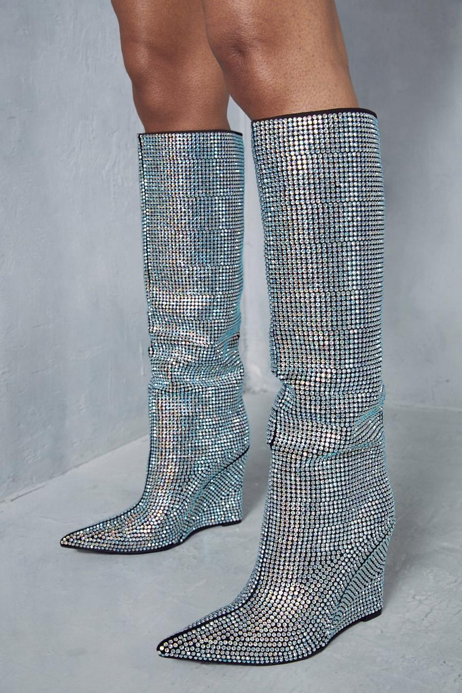 Silver Premium Diamante Knee High Wedged Boots image number 1