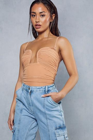 Mesh Ruched Cupped Cut Out Bodysuit camel