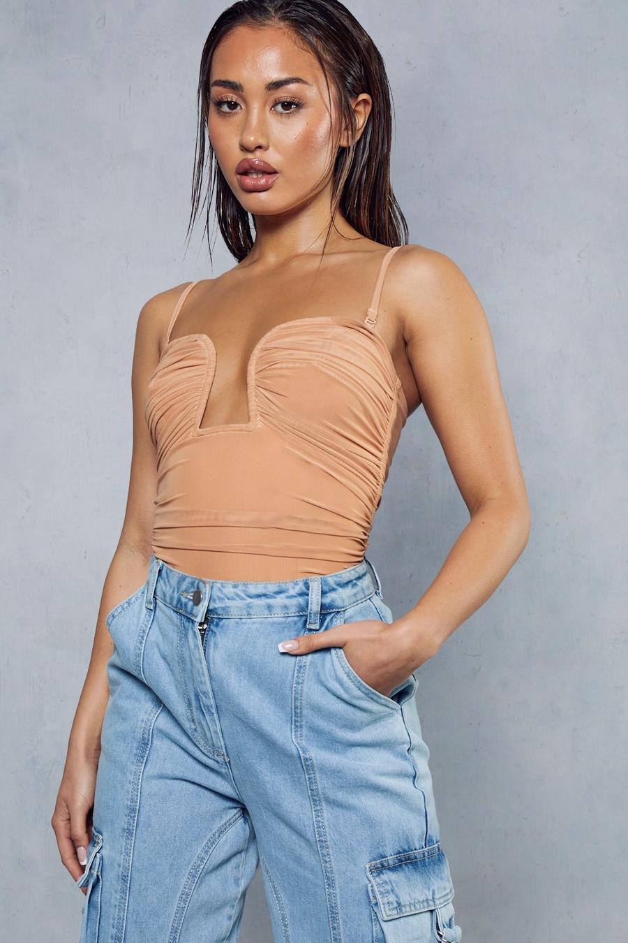 Camel Mesh Ruched Cupped Cut Out Bodysuit 