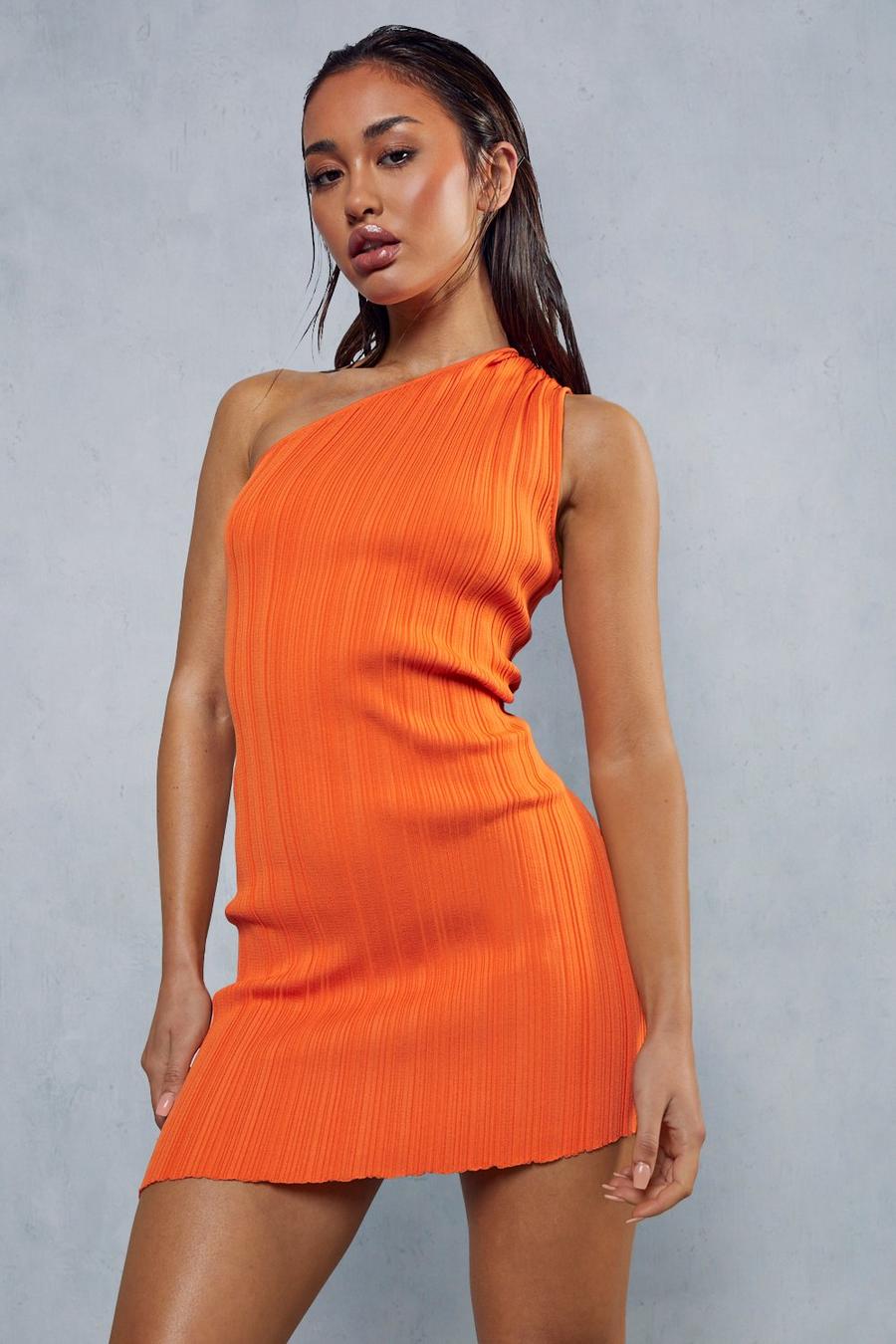 Orange One Shoulder Premium Knit Mini Dress image number 1
