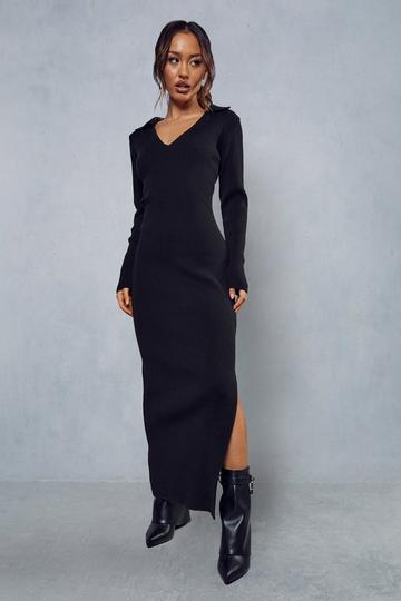 Black Knitted Collar Detail Split Maxi Dress