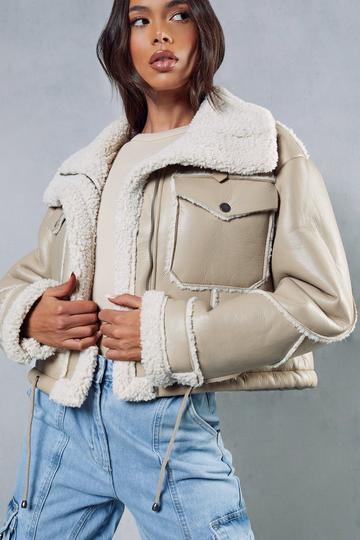 Borg Lined Textured Leather Look Aviator Jacket beige