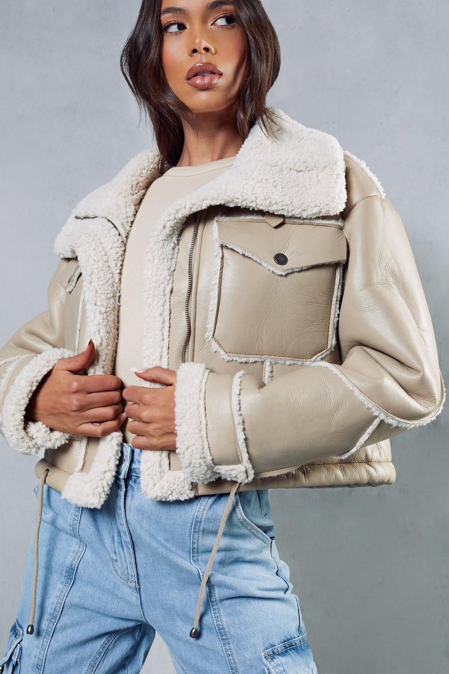 Beige Borg Lined Textured Leather Look Aviator Jacket image number 1