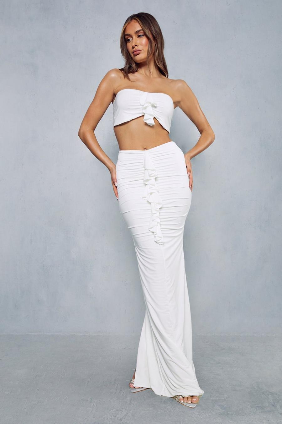 White Soft Touch Double Layer Bandeau Frill Maxi Skirt Co-ord image number 1