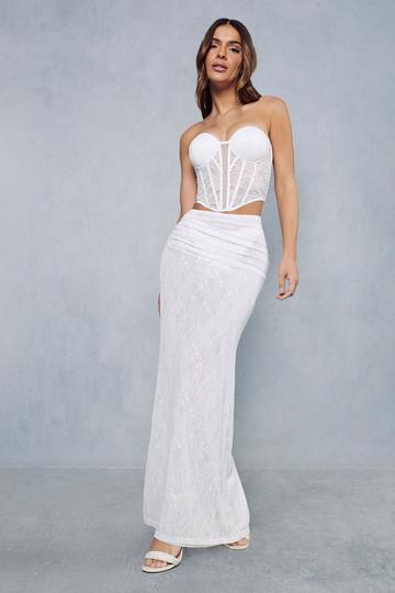 Lace Ruched Side Maxi Skirt white