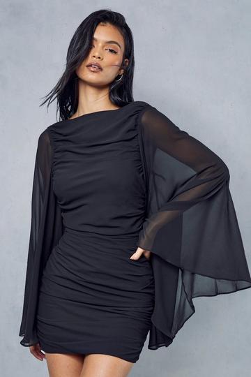 Black Premium Chiffon Draped Cowl Back Flare Sleeve Mini Dress