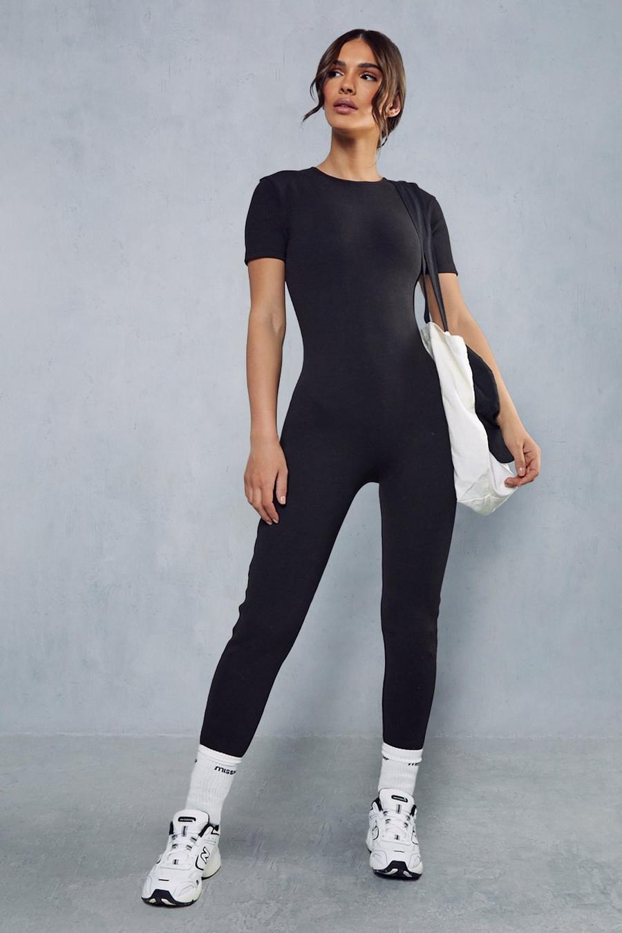 Black Premium Rib Short Sleeve Jumpsuit image number 1