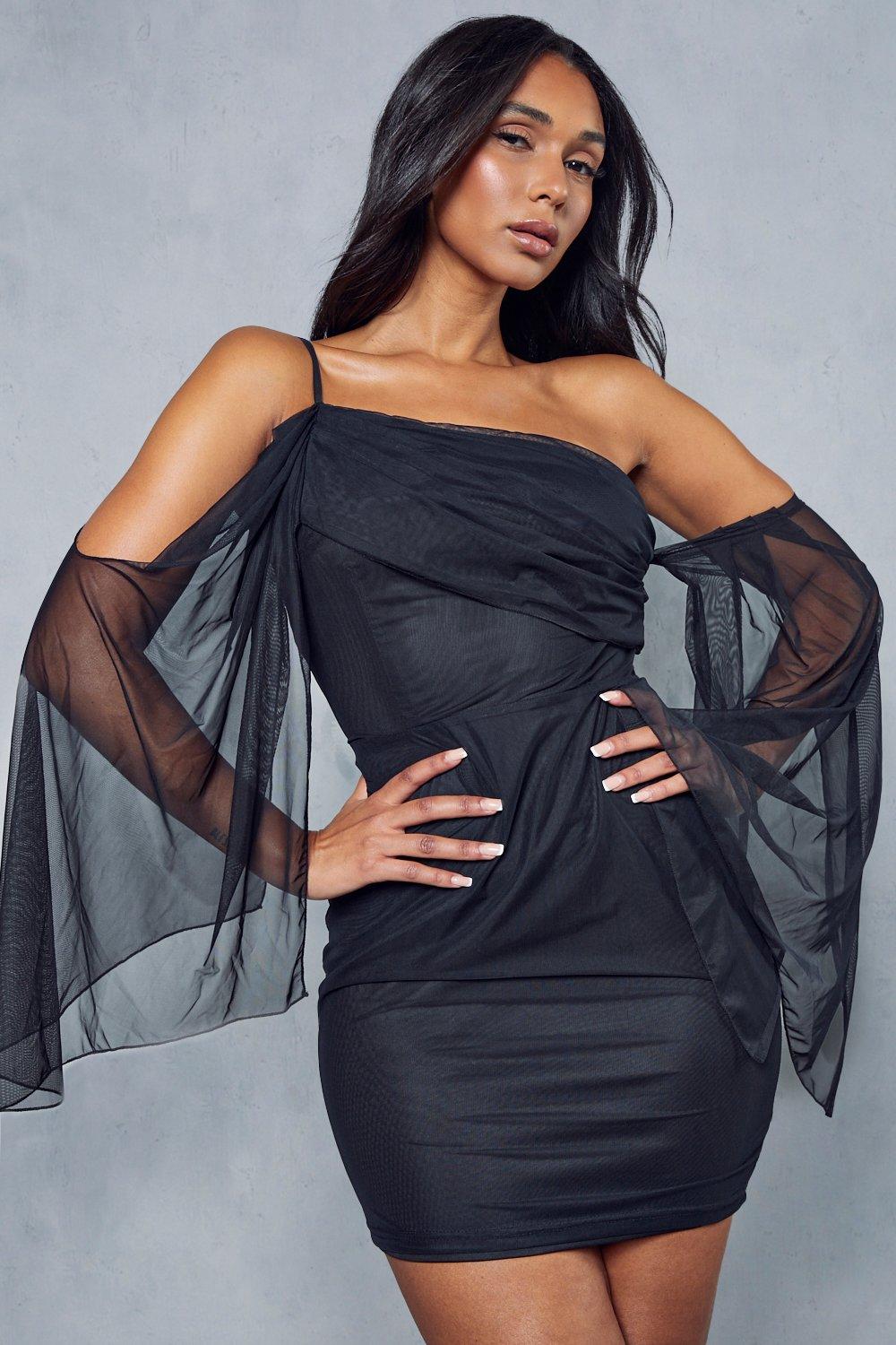 Boohoo black off the clearance shoulder dress