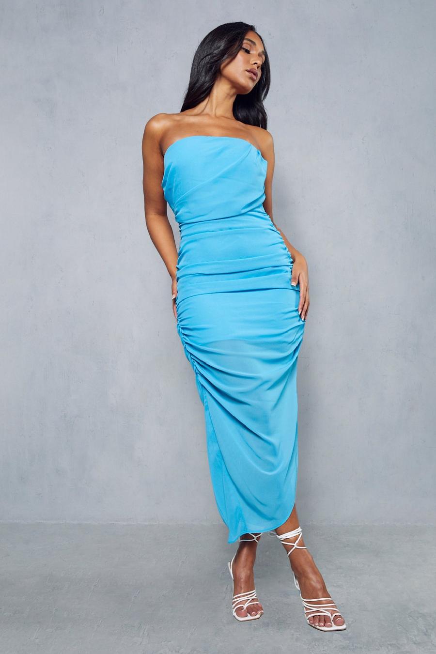 Blue Chiffon Bandeau Draped Asymmetric Hem Midi Dress image number 1