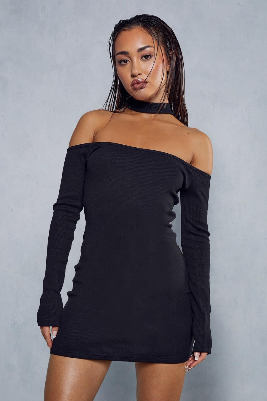 Black Premium Ribbed Choker Neck Off Shoulder Mini Dress image number 1