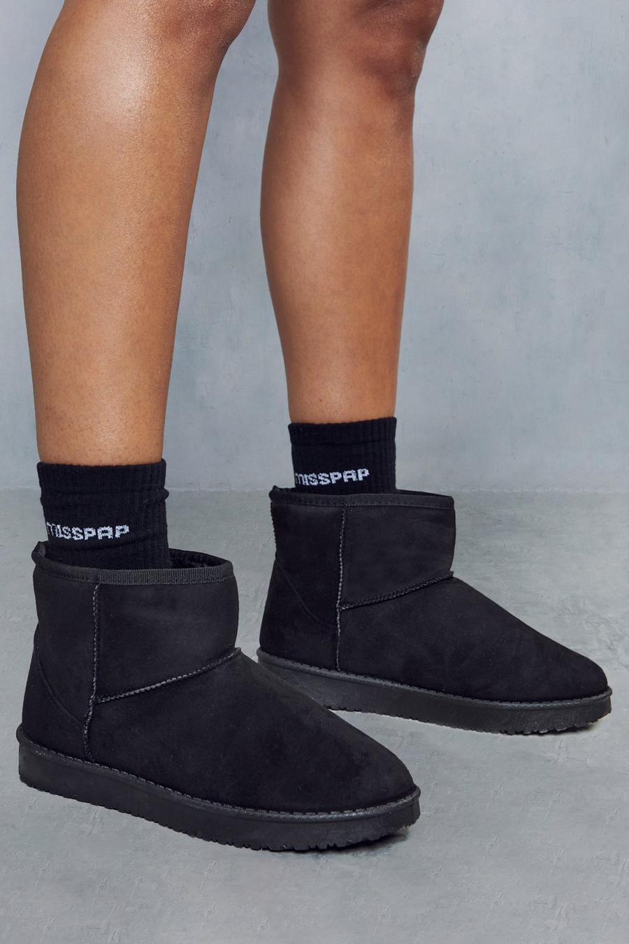 Black Faux Fur Lined Mini Ankle Boots