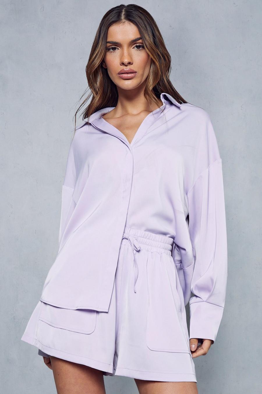 Lilac Premium Satin Shirt And Short Co-ord  image number 1