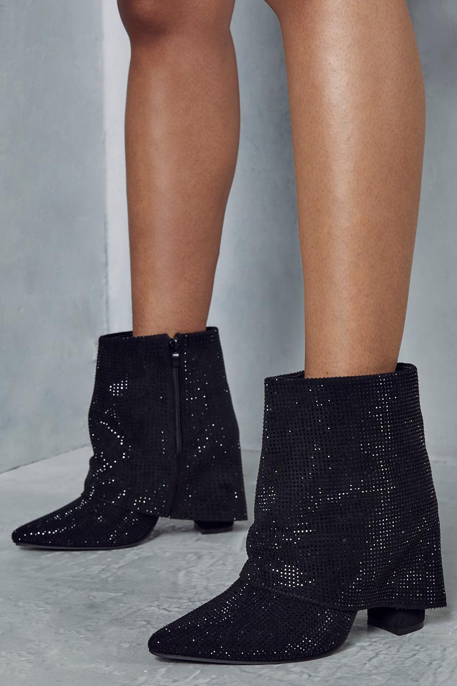 Black Premium Diamante Fold Over Ankle Boots