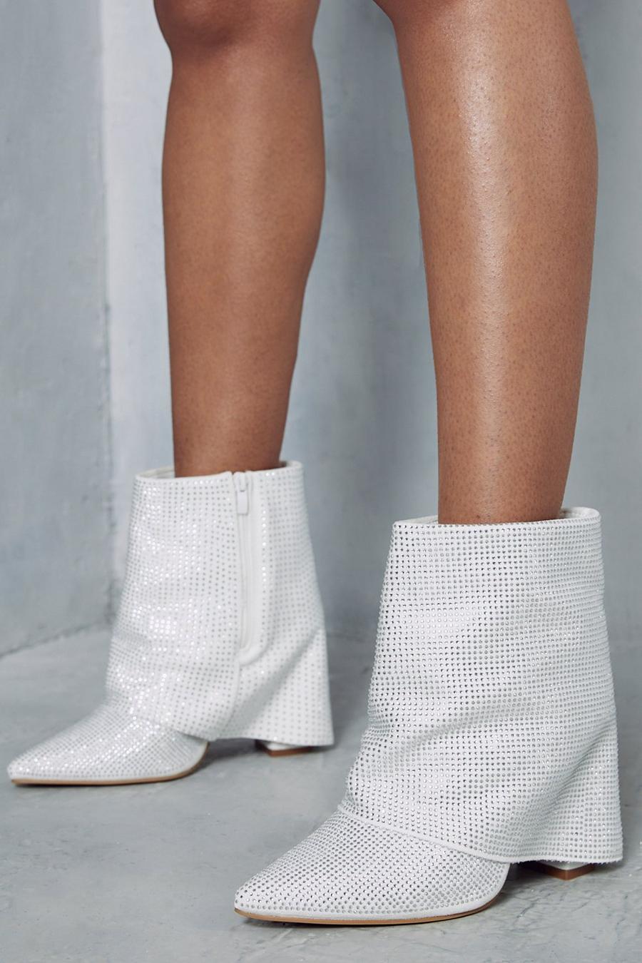 White Premium Diamante Fold Over Ankle Boots image number 1