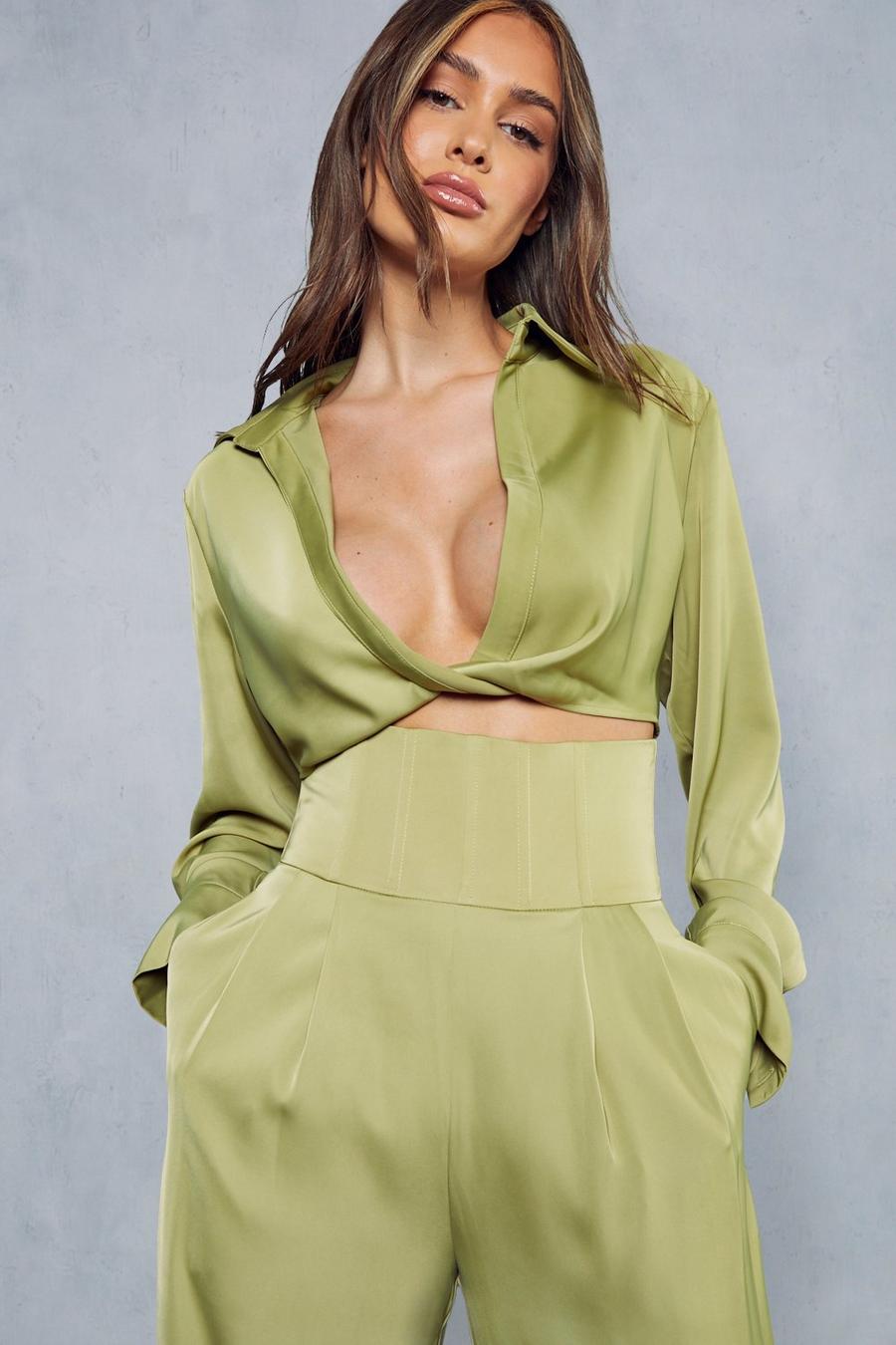 Olive Satin Twist Front Cropped Shirt