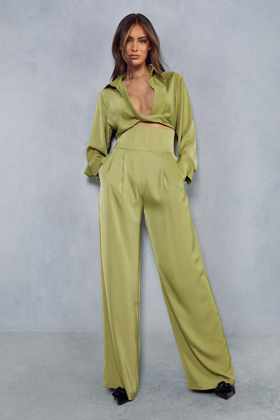 Olive Satin Corset Waist Wide Leg Trousers image number 1