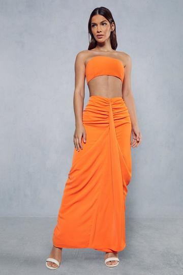 Orange Drape Front Ruched Maxi Skirt