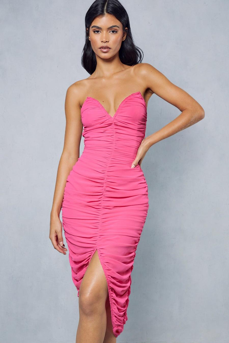 Pink Chiffon Ruched V Shaped Bust Midi Dress image number 1