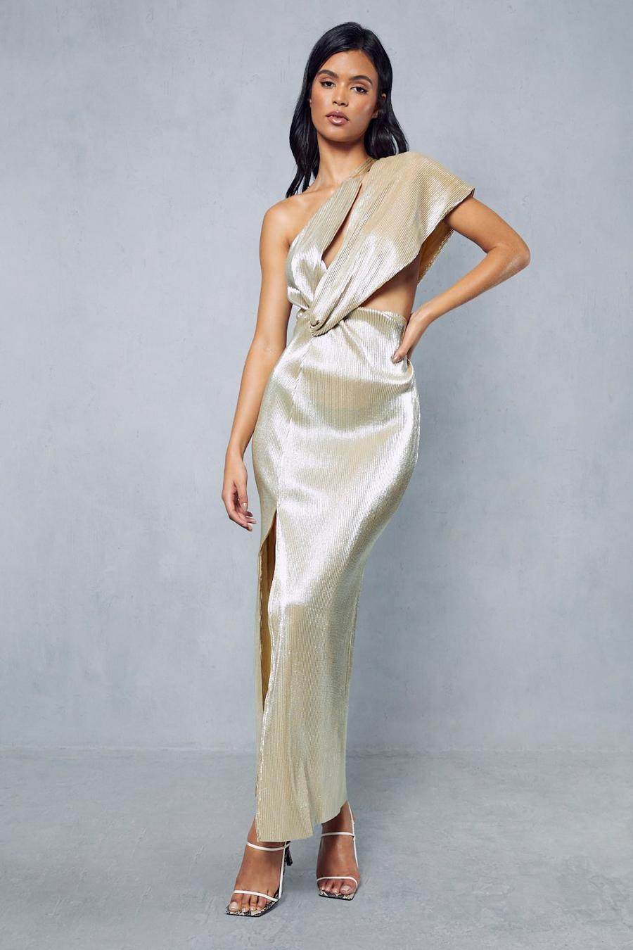 Gold Metallic Plisse Asymmetric Twist One Shoulder Maxi shirt Dress image number 1