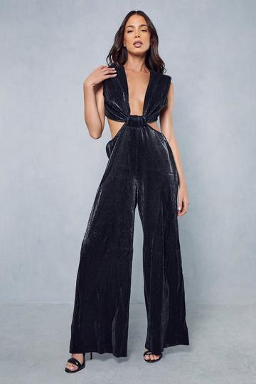 Metallic Plisse Plunge Twist Front Wide Leg Jumpsuit black