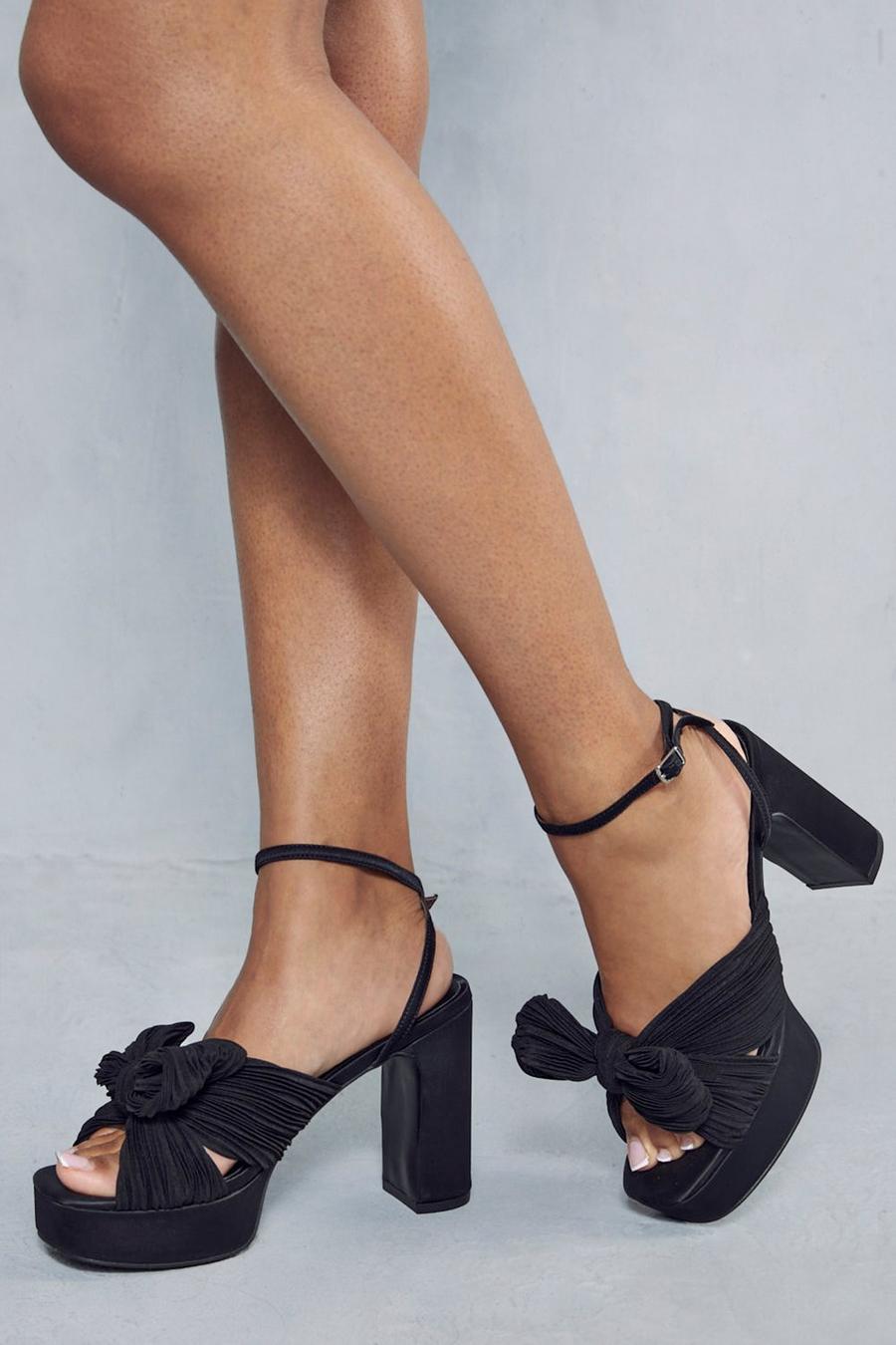 Black Premium Satin Plisse Bow Heels