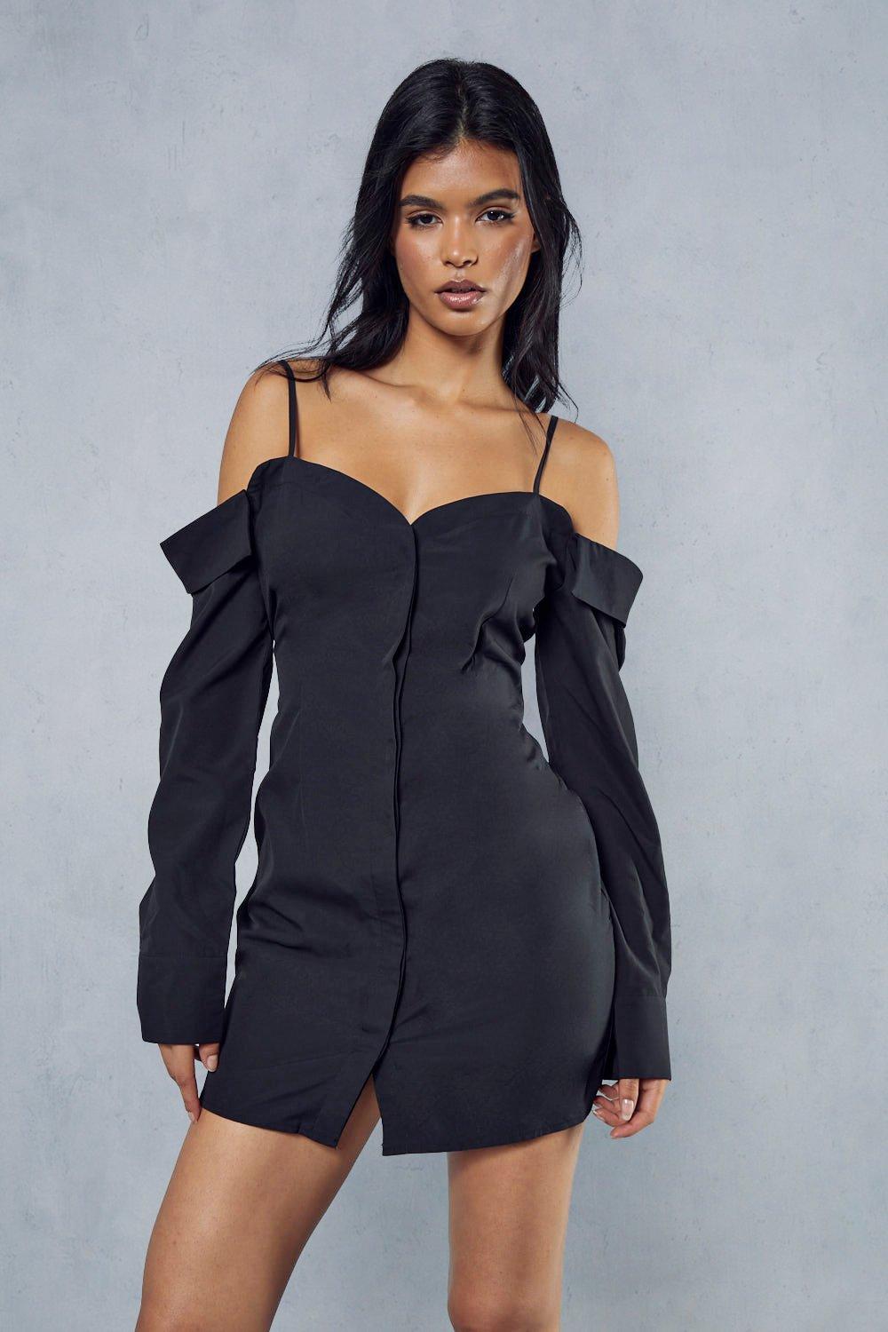 Poplin Off The Shoulder Button Through Shirt Dress