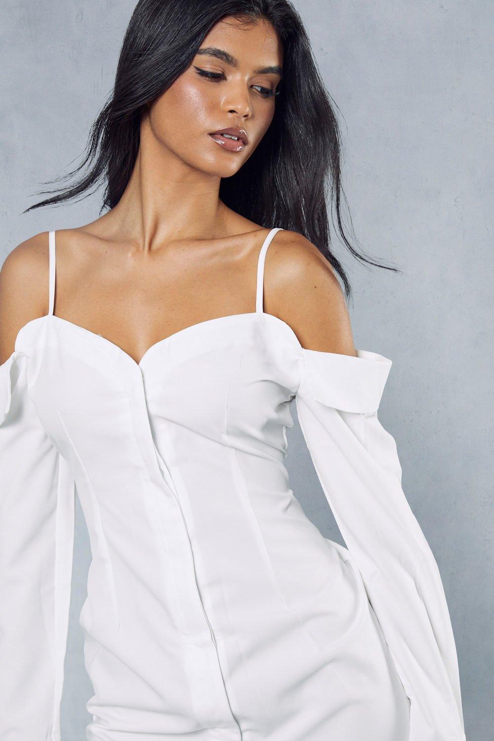 White off the store shoulder button down dress