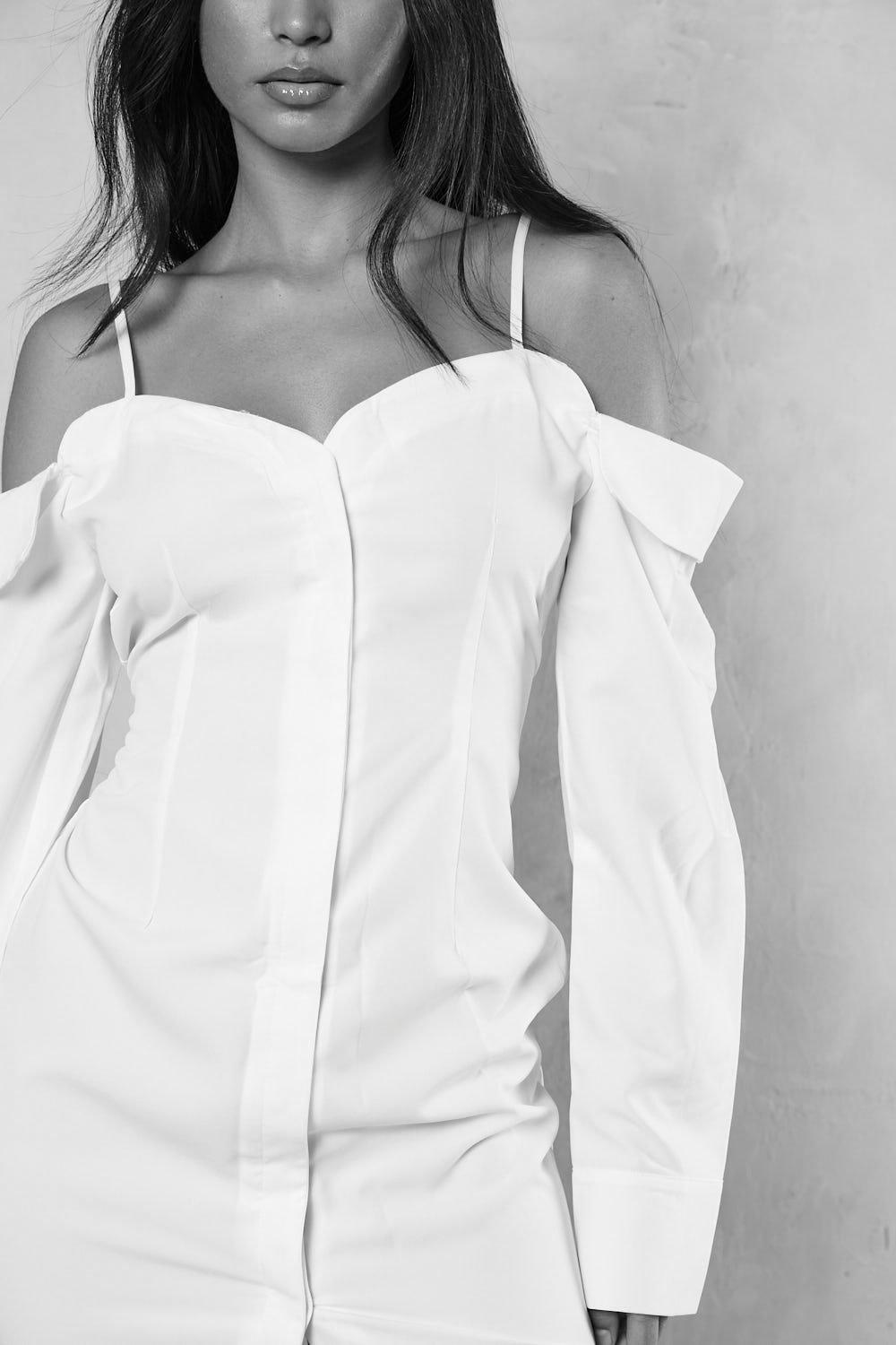 White off the shoulder button hot sale down dress