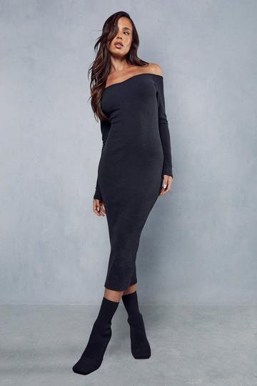 Black Premium Brushed Rib Shaped Off The Shoulder Midi Dress